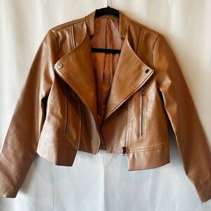 SHEIN Brown Leather Biker Jacket with Notched Lapels